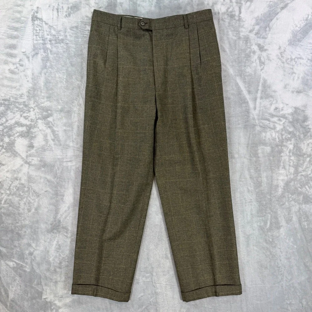 Joseph Abboud Pleated Trousers Men's 34x30 Olive Brown Glen Plaid Dress Pants